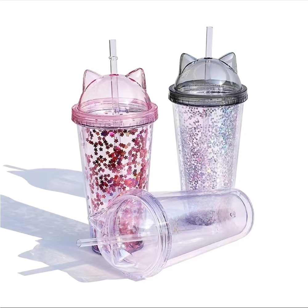 Kawaii Cute Cat Ear Tumbler
Cup Water Bottle W Straw & Lid
Silver Glitter !nside